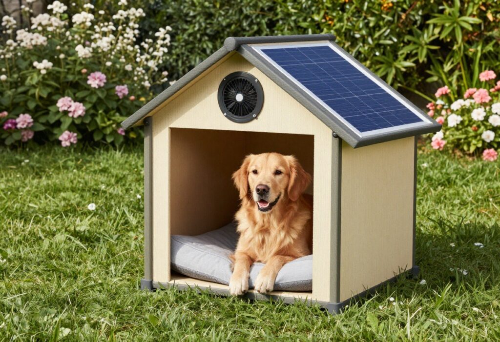 Cozy dog house with cooling mat, elevated bed, and solar fan in a sunny backyard with a golden retriever peeking out.