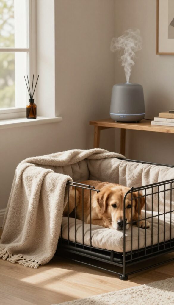 Cozy dog crate with calming diffuser on nearby shelf in bright natural light