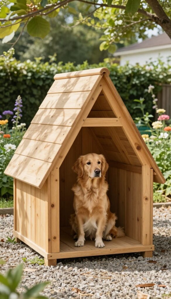 Rustic wooden A-frame dog kennel in a sunny backyard with a golden retriever inside, natural wood and gravel setting.