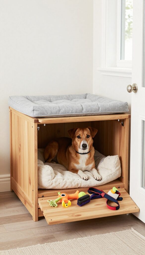 Bench-style dog kennel with lift-up seat storage, dog inside, entryway setting
