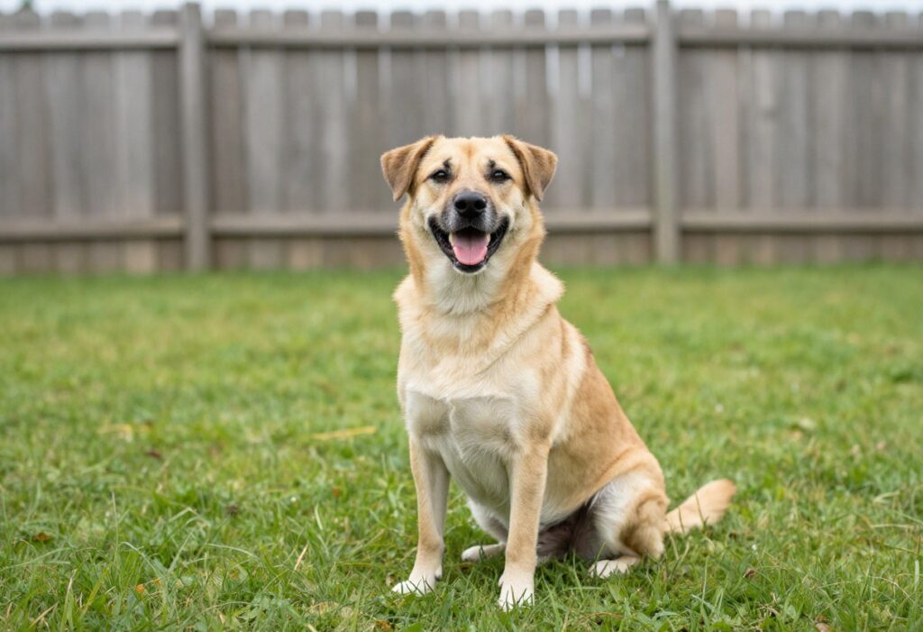 Happy mixed-breed dog sitting on grass with wooden fence background