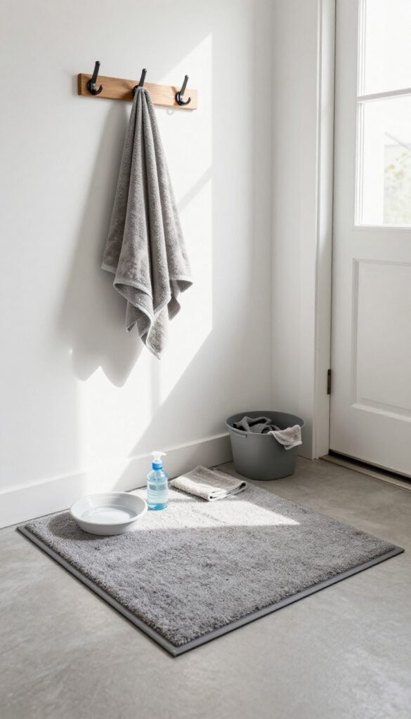 Minimalist mudroom dog towel-off station with mat, towel hook, bin, and paw cleaner cup.