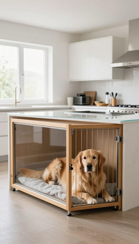 Built-in dog kennel in kitchen island with Golden Retriever inside