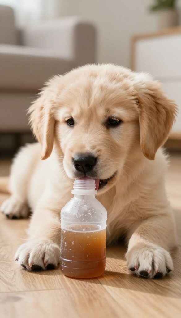 Golden retriever puppy licking a frozen treat bottle on a wooden floor