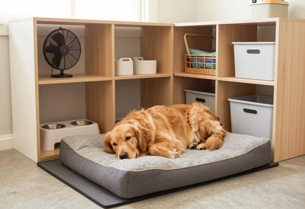 Cozy garage dog room with golden retriever on raised bed, rubber flooring, and organized storage