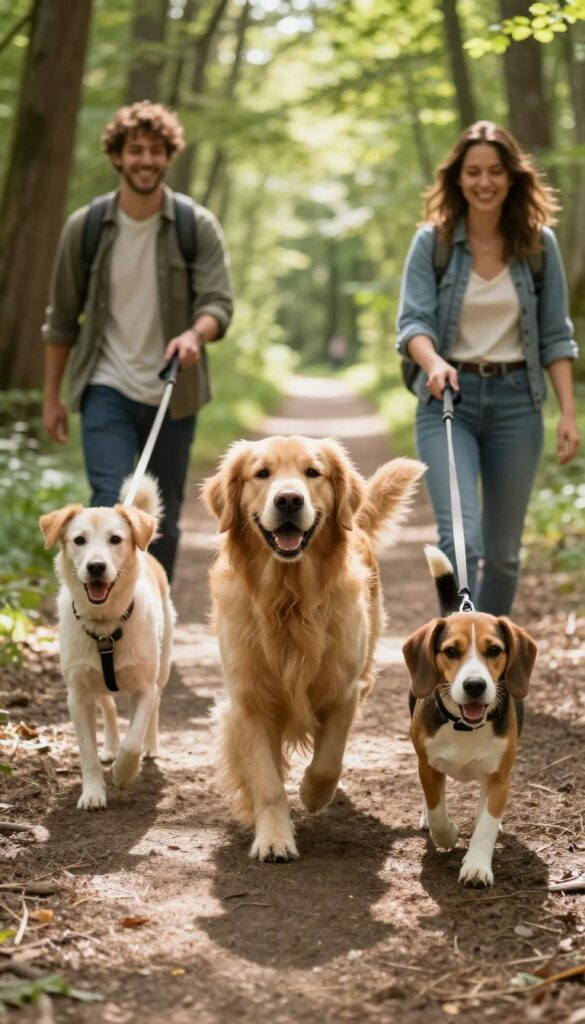 Group of dogs and owners walking on a sunny forest trail