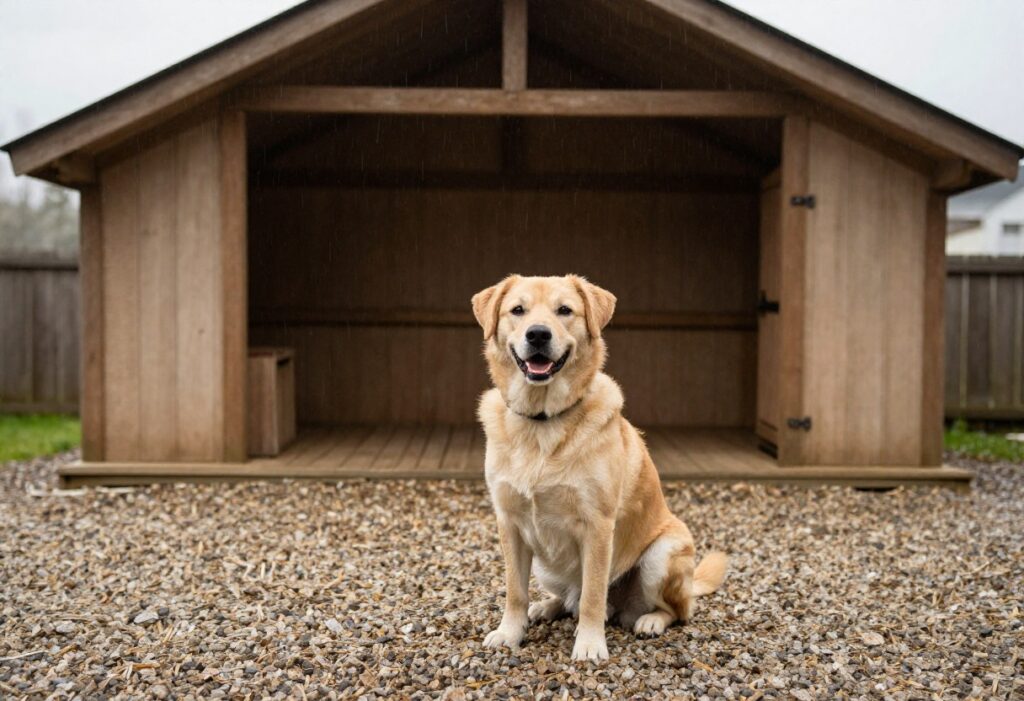 Dog in a covered outdoor kennel with a sloped roof and gravel base during rain