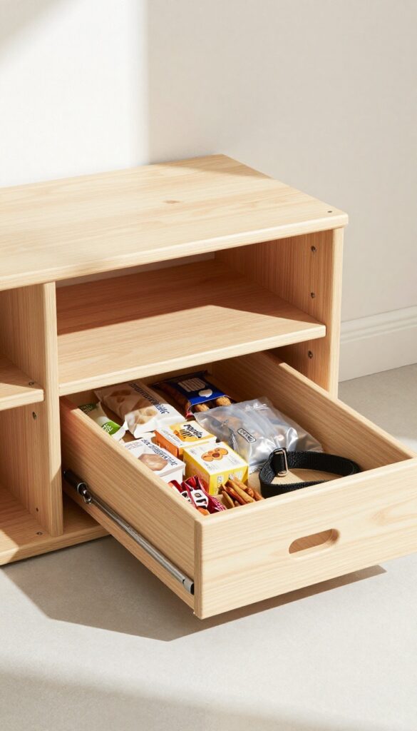 Dog crate with built-in drawer storage in a bright garage
