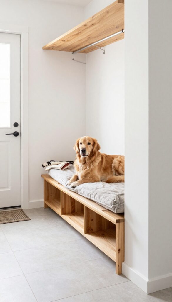 Mudroom dog nook with bench and cubbies for storage, dog bed, leash, and towel, golden retriever resting
