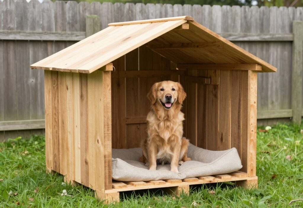 Pallet dog kennel in backyard with golden retriever sitting at entrance