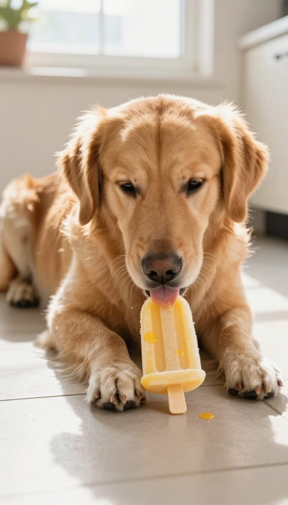 Golden retriever licking a frozen bone-shaped broth pupsicle on a cool tile floor in a sunlit kitchen