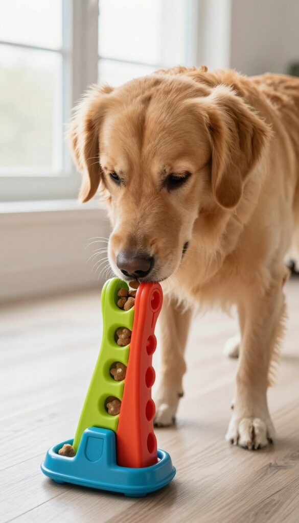 Dog interacting with a treat-dispensing puzzle toy