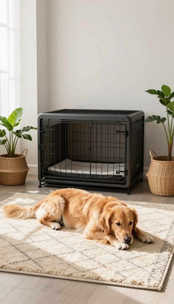 Dog crate with a washable rug inside instead of a plastic tray, dog lying on rug, bright natural light, cozy home setting.