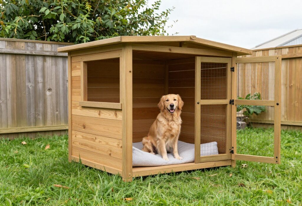 Backyard dog kennel with a golden retriever sitting at the open gate, shaded roof, and green grass.