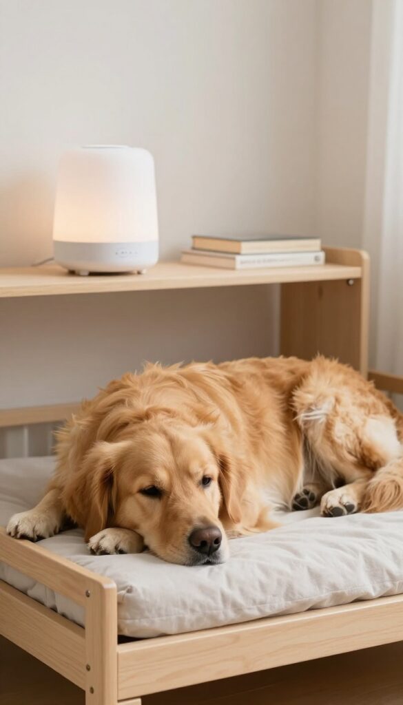 Golden retriever relaxing in a kennel with a white noise machine on a shelf above