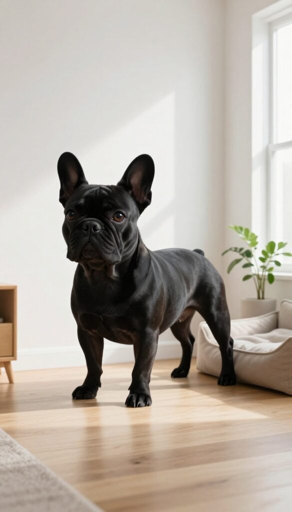 French Bulldog silhouette wall decal in a bright, modern living room with dog bed and plant.