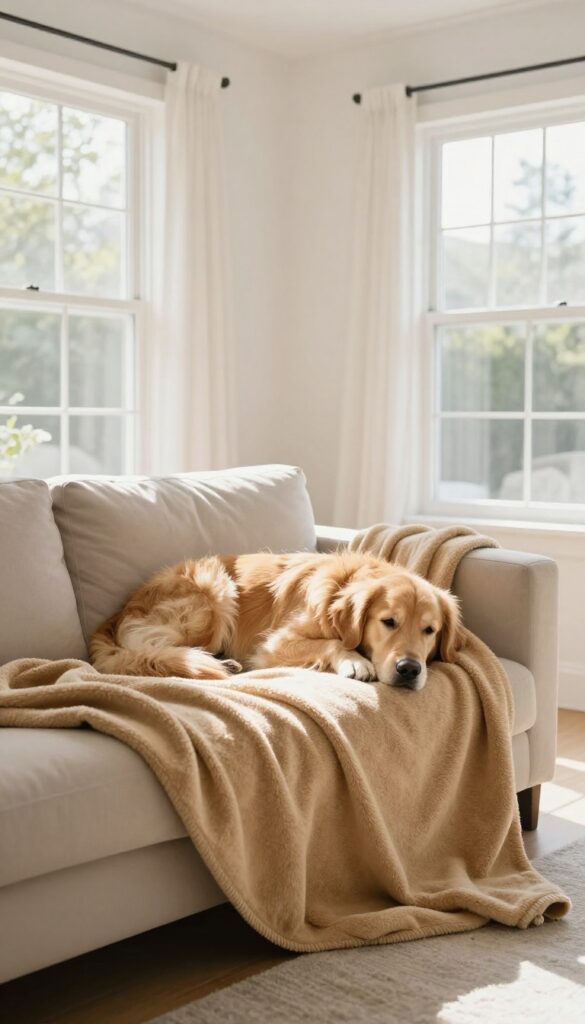 Dog resting on a washable throw blanket draped over a beige sofa in a bright living room