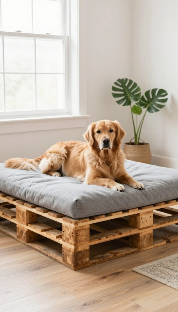 Rustic pallet dog bed frame with plush cushion in bright living room, golden retriever resting