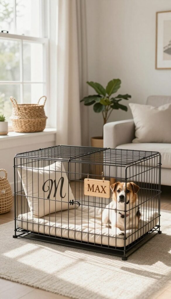 Dog crate with personalized wooden name tag and monogrammed pillow in a bright modern farmhouse living room.