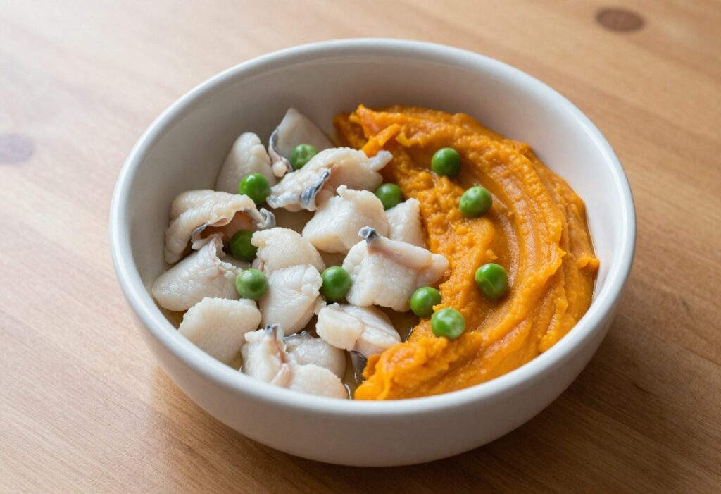 Homemade fish and pumpkin dog food in a bowl, soft chunks of white fish and pumpkin puree with peas.