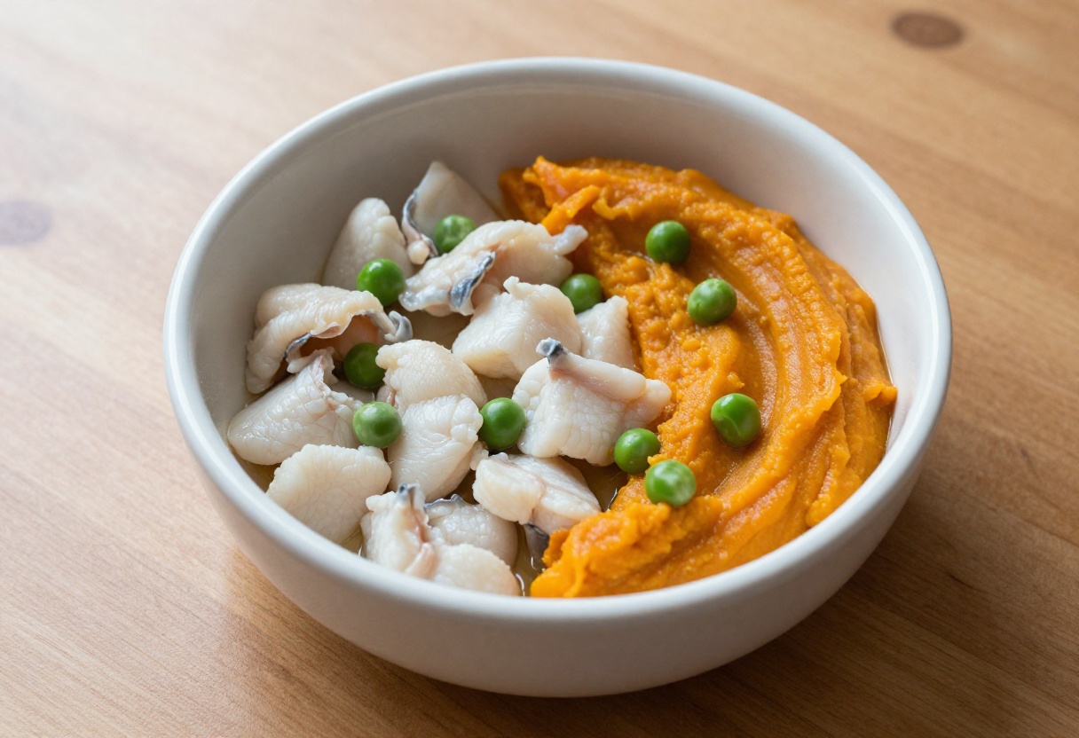 Homemade fish and pumpkin dog food in a bowl, soft chunks of white fish and pumpkin puree with peas.