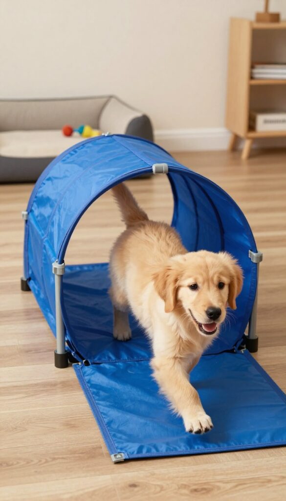 Golden retriever puppy running through a DIY PVC pipe fabric tunnel in a bright, clean dog room
