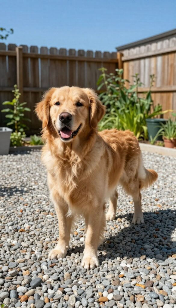 Golden retriever standing on pea gravel in a backyard dog run with natural drainage and sunny outdoor setting