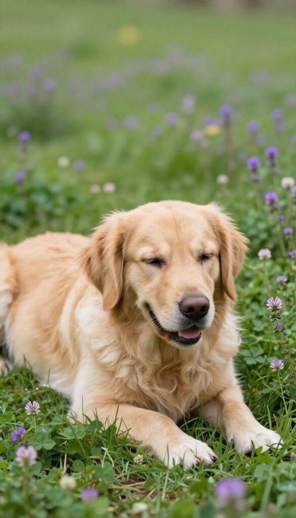 Dog lying on a lush mix of clover and creeping thyme in a sunny backyard, showcasing a dog-safe ground cover alternative to grass.