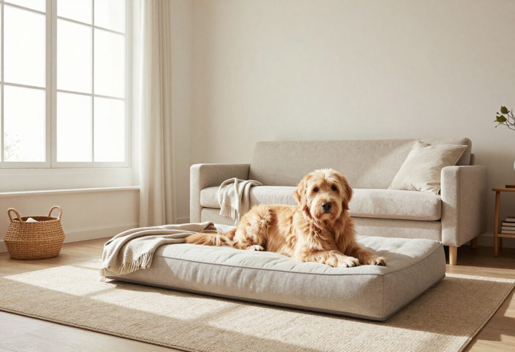 Dog resting on a stylish bed in a clean, modern living room with washable rug and throw blanket.