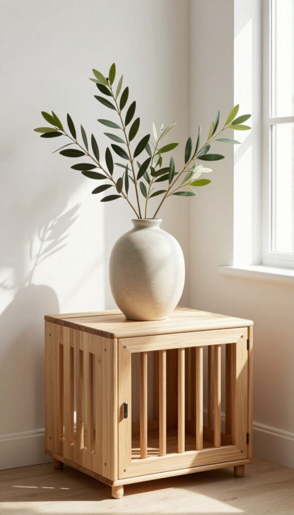 Dog crate with faux plant topper in a bright living room corner, blending decor and function.