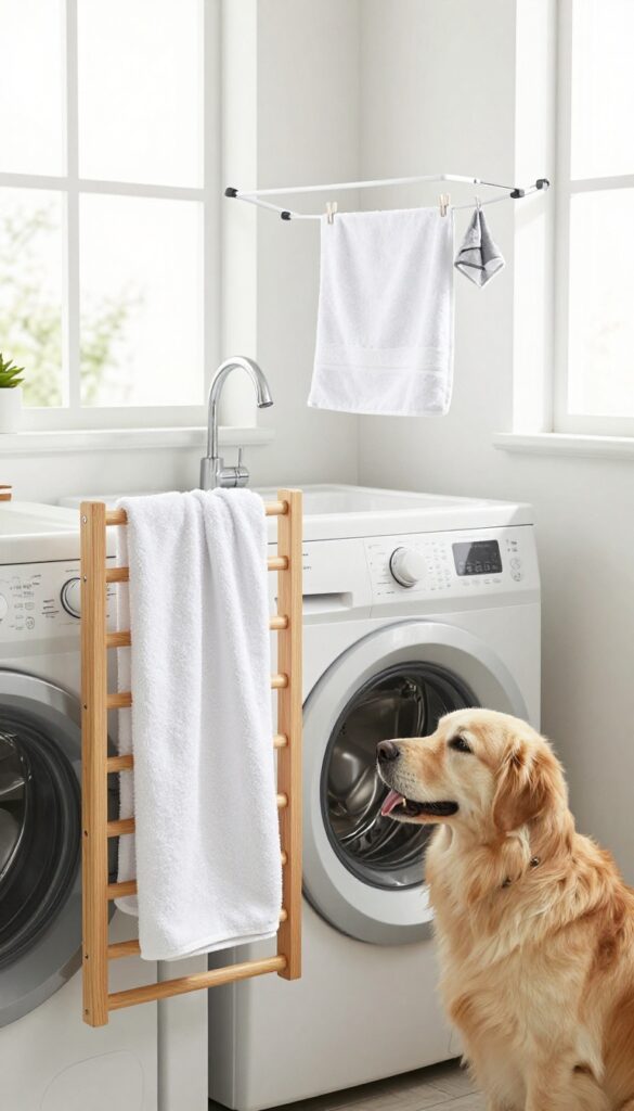 Pull-out towel rack and drying bar next to dog wash station in modern laundry room