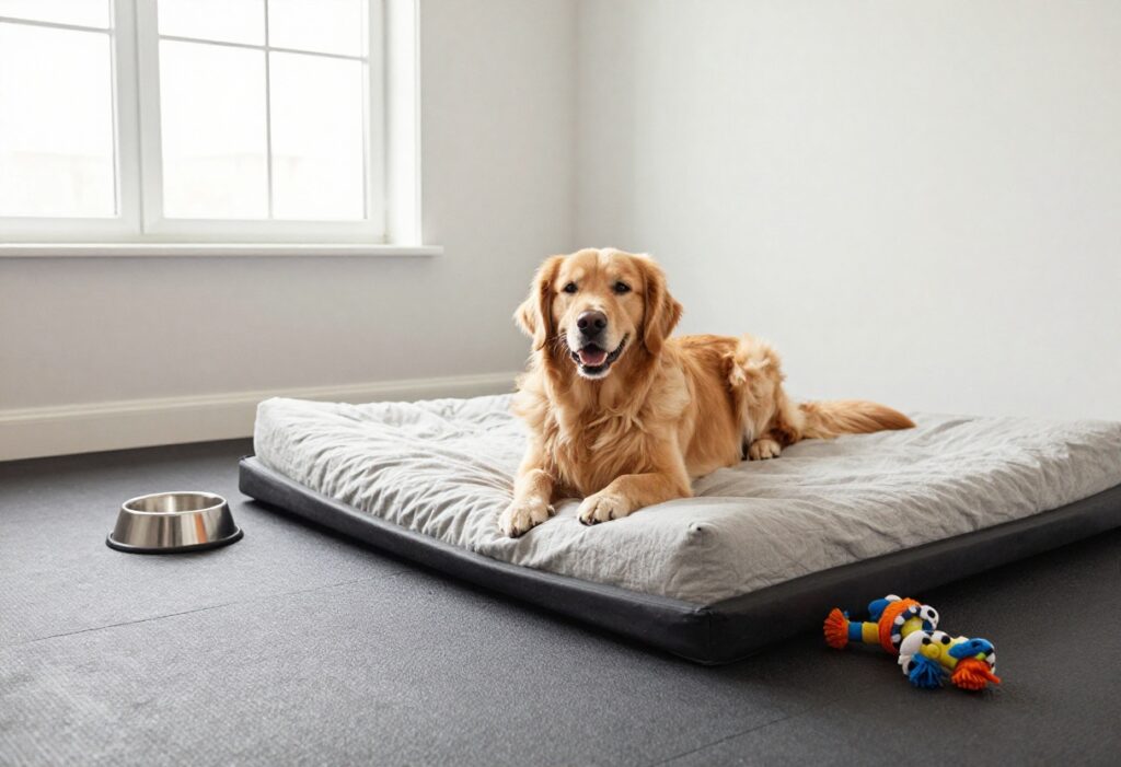 Golden retriever resting on a rubber mat in a clean dog kennel with toys and water bowl.