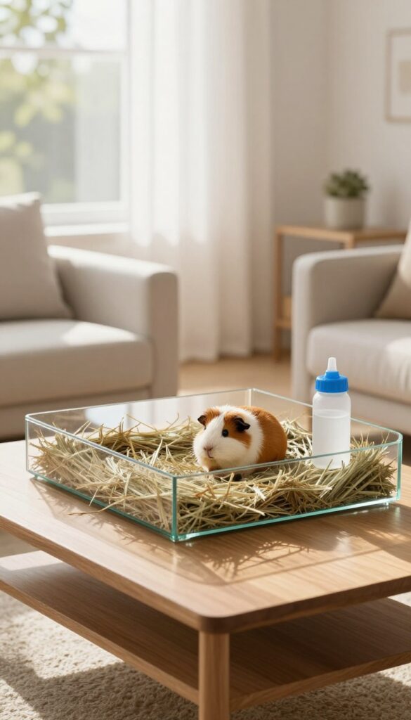 Convertible coffee table with glass top revealing a guinea pig cage underneath in a bright living room