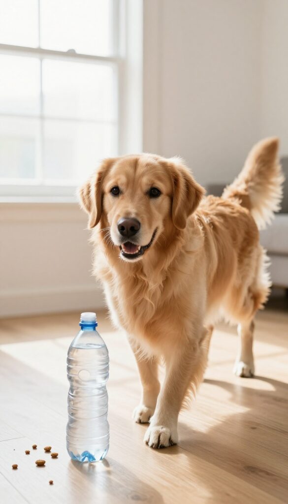 Dog pushing a treat-dispensing water bottle with kibble falling out