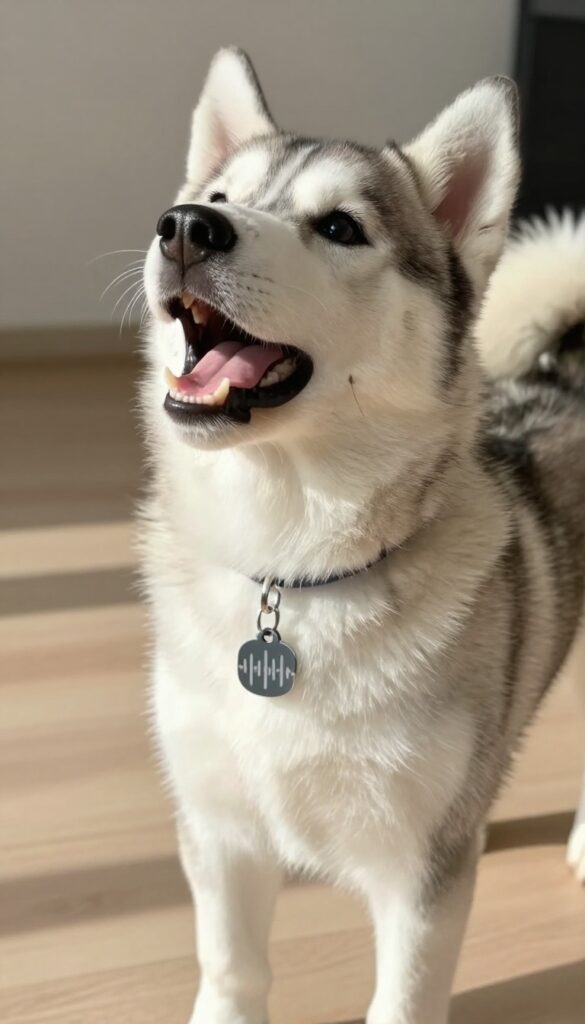 Vocal puppy barking with soundwave pattern collar tag, bright natural light, dog blog photography