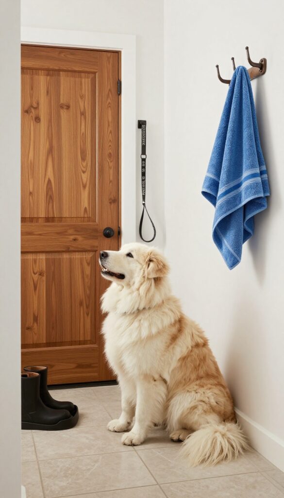 Dog sitting by mud room door with a towel hook at nose level, microfiber towel hanging, bright natural light, clean composition.