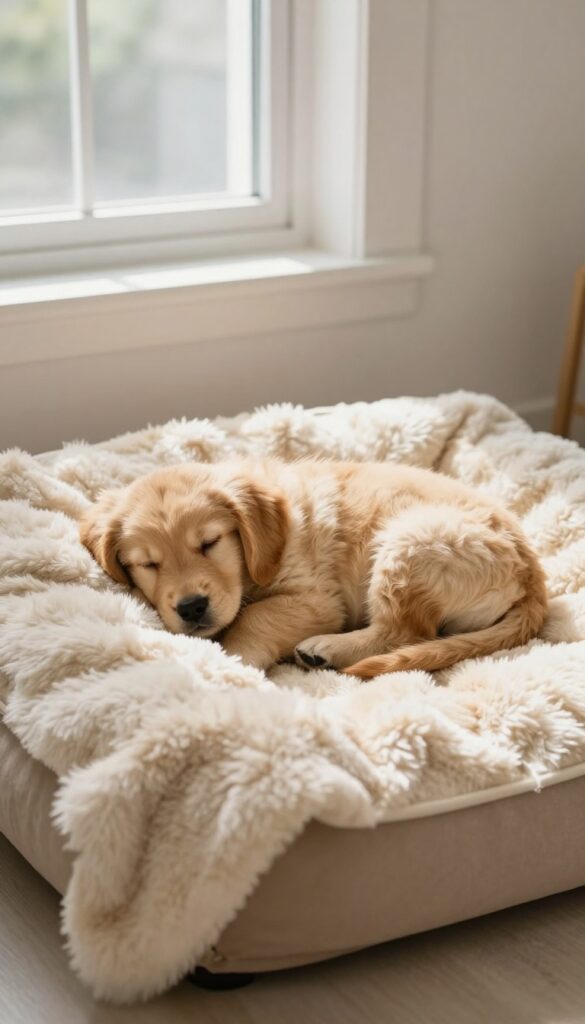 Small golden retriever puppy sleeping on a caramel plush dog bed in a sunny room, cozy and snuggle-worthy.