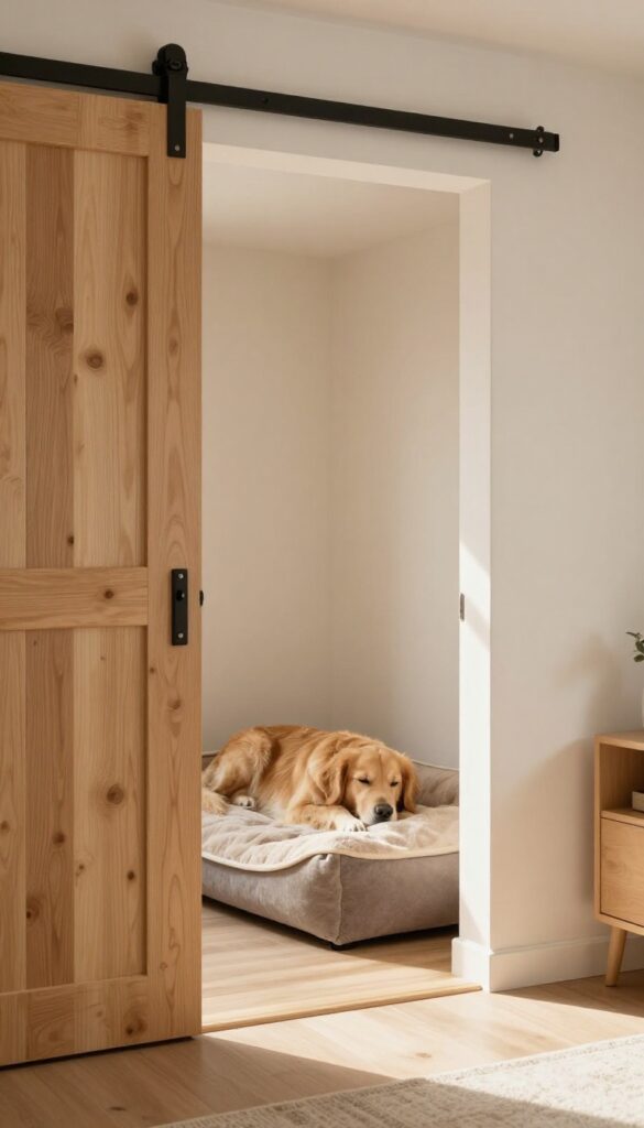 Sliding barn door on a closet reveals a cozy dog kennel inside