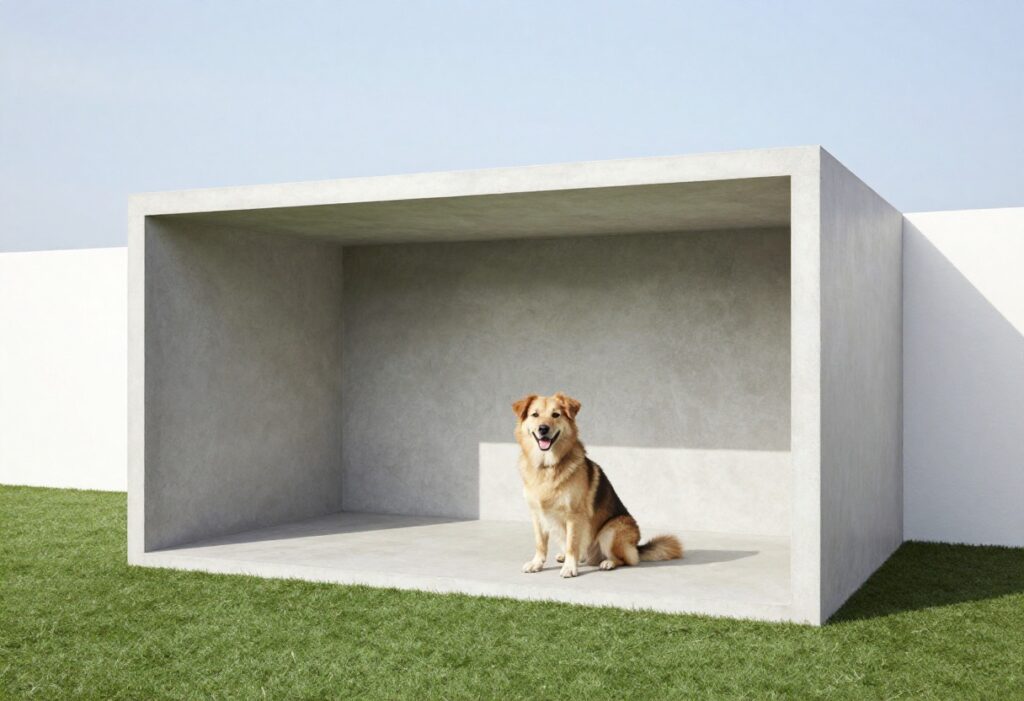 Modern outdoor dog kennel with shade sail and artificial turf, dog sitting inside