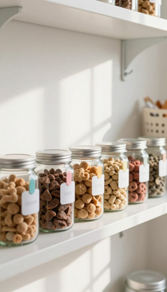 A row of labeled glass jars filled with dog treats and small supplies on a shelf in a bright kennel room.
