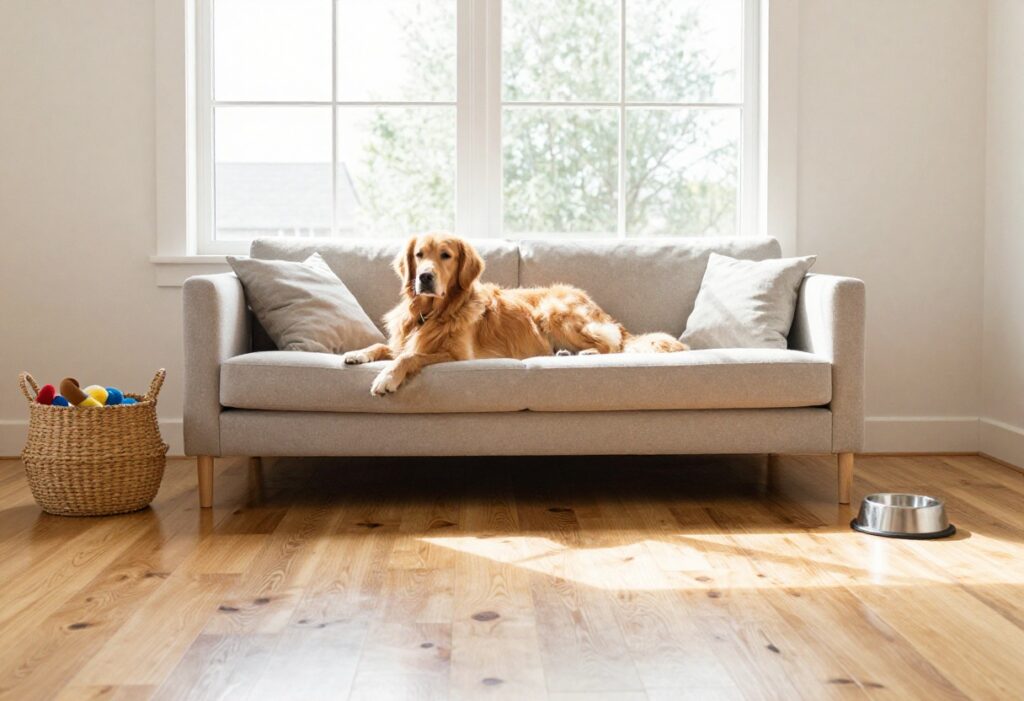 Golden retriever relaxing on a dog bed in a bright, dog-friendly living room with hardwood floors and toys.