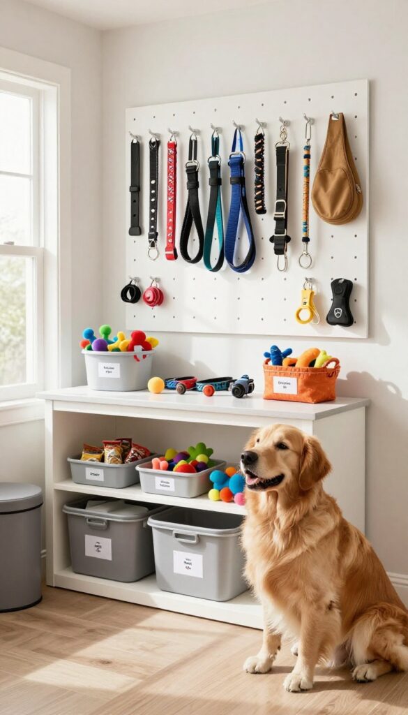 Organized garage dog room with pegboard storage for leashes, toys, and gear, featuring a golden retriever.