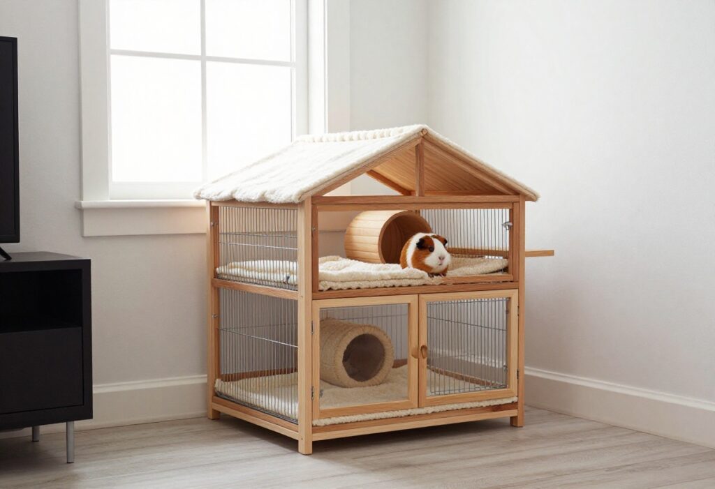 A multi-level guinea pig cage in a small, bright living room corner, showing space-saving design.