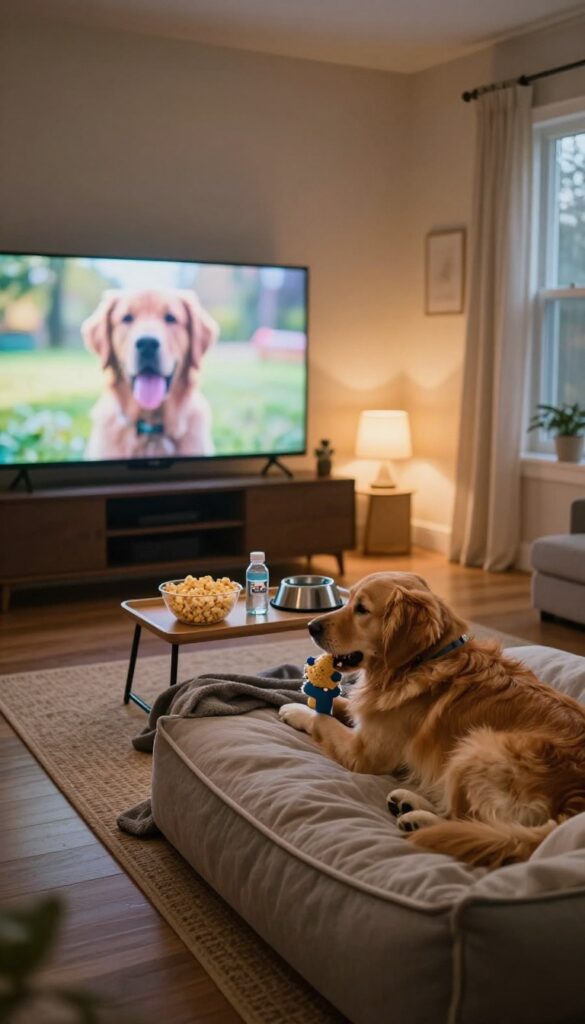 Cozy movie night corner for dog birthday party with dog bed, blankets, TV screen, and dog relaxing