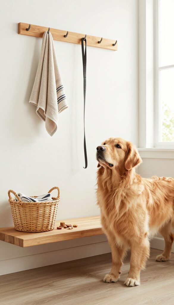 A dog standing next to a low shelf with treats and a towel in a bright mudroom