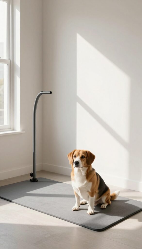 Metal exercise pen set up in a corner of a bright living room, with a dog sitting inside on a mat
