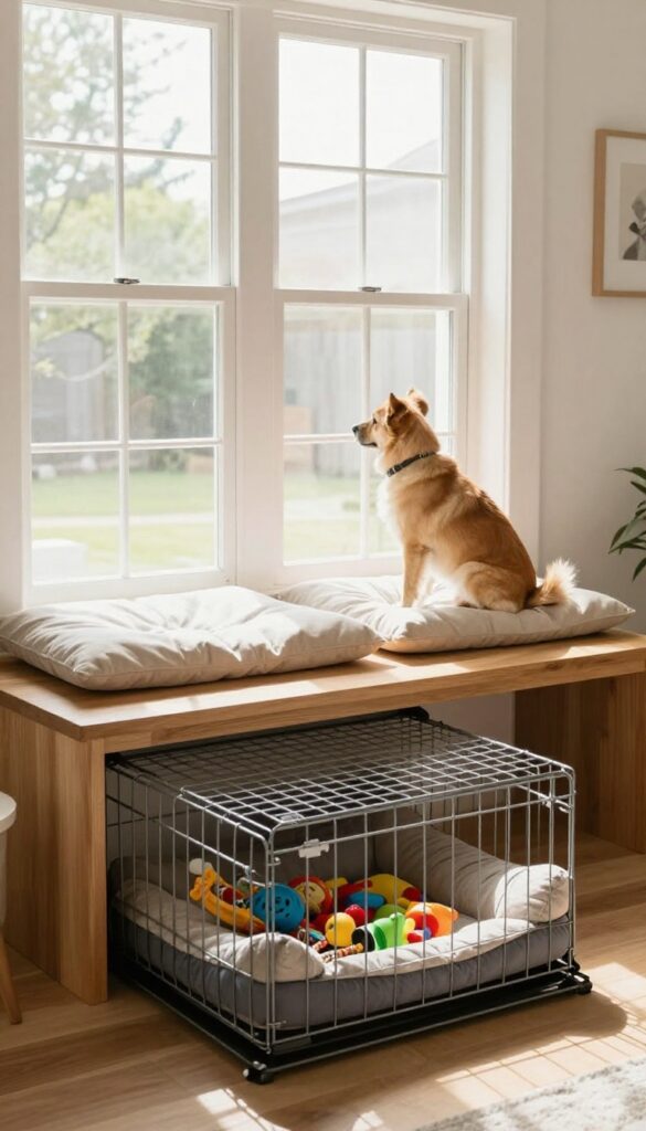 Window seat kennel with under-bench bins, dog sitting on cushion looking out window, storage bins with toys and treats