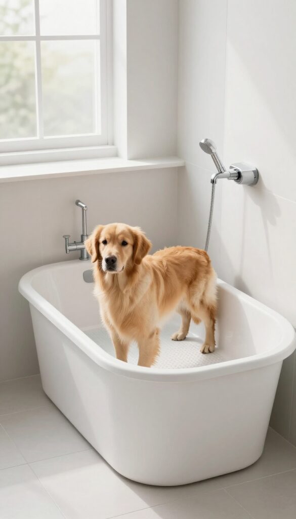 Raised dog wash tub in a bright utility room with a golden retriever standing inside, handheld sprayer attached, non-slip surface visible.