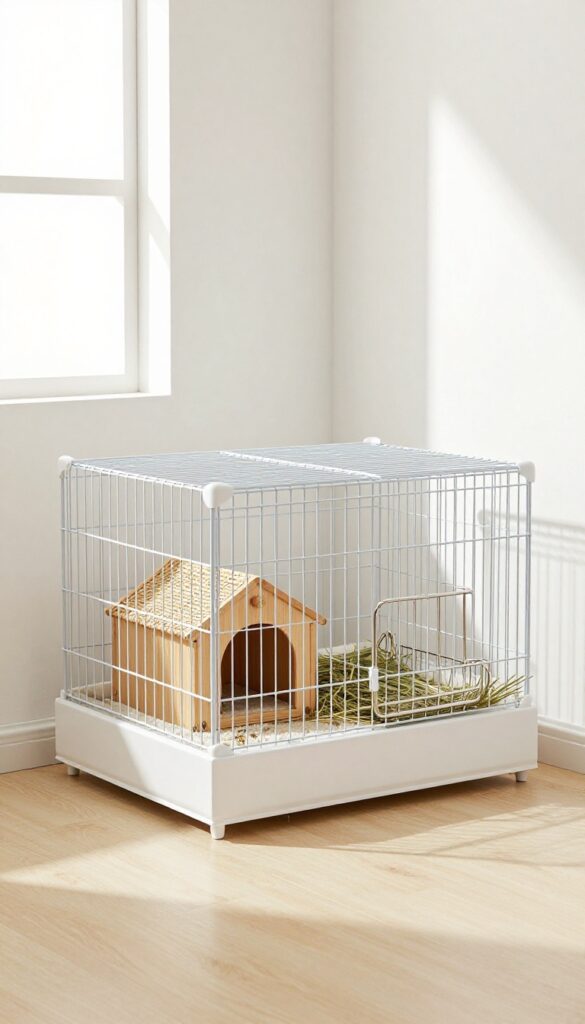 Minimalist Scandinavian guinea pig cage with light wood base, white wire grid, natural accessories, and soft natural light in a bright room.