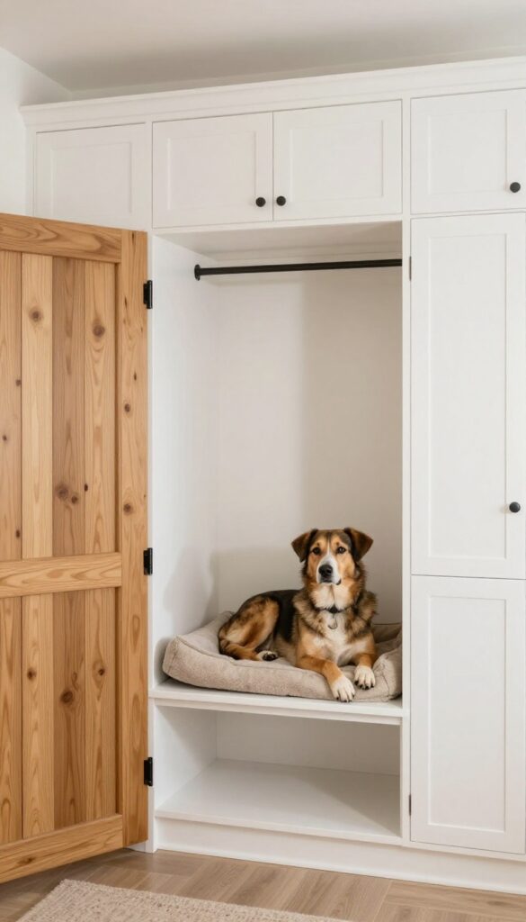Built-in crate nook in a mudroom with dog resting inside, custom cabinetry, natural light, photorealistic style.